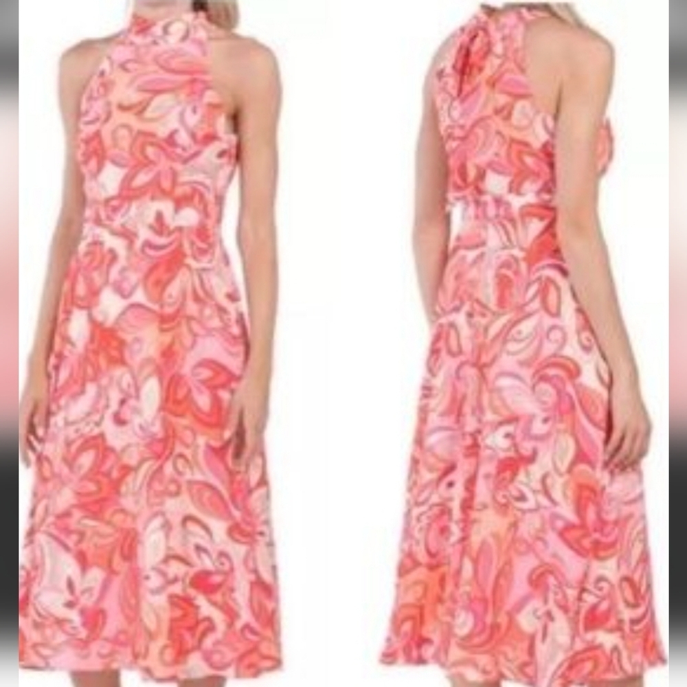 Tahari Vibrant Pink, Cream And Coral Halter Long Dress. Sz 8 New with Tag.